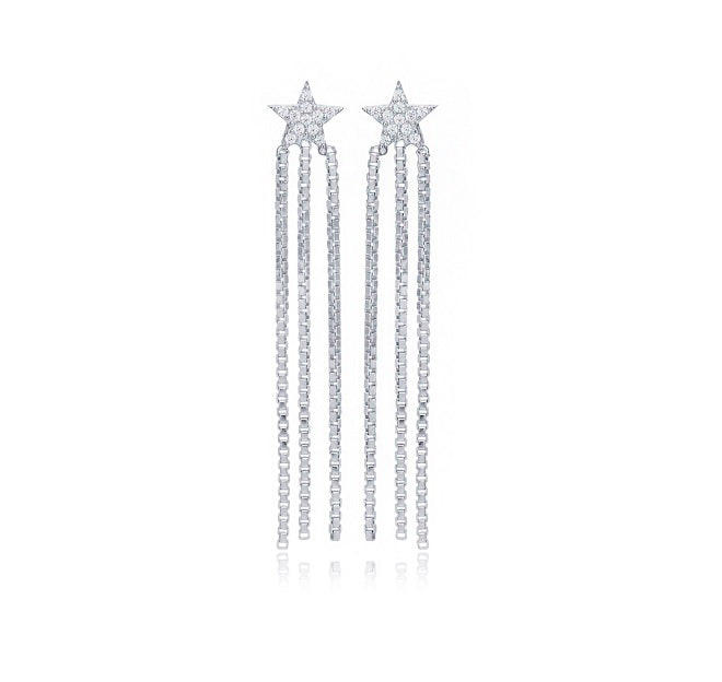 star-triple-chain-long-stud-earrings-silver
