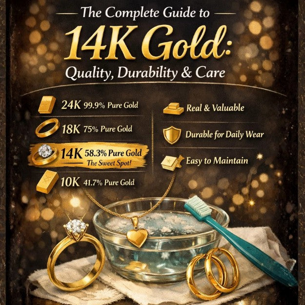 Complete guide to 14K gold jewelry - quality, durability and care infographic